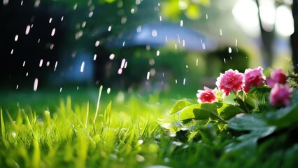 Obraz premium Rainy Day Garden Scene with Pink Flowers and Lush Green Grass