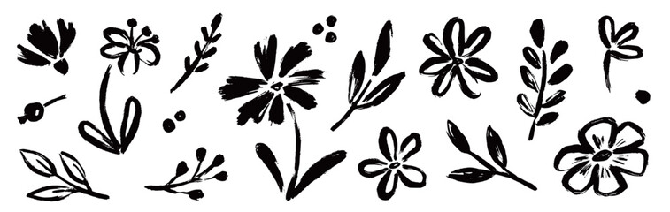 Flower abstract hand drawn brush ink stroke. Sketch hand drawn silhouette floral plant, nature graphic leaf, floral grunge abstract brush. Vector simple flower, leaf ink stroke. Vector illustration