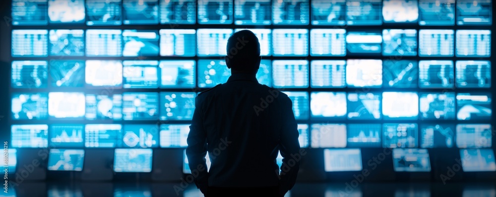 Poster the silhouette of a logistics manager stands before a wall of digital screens displaying automated p