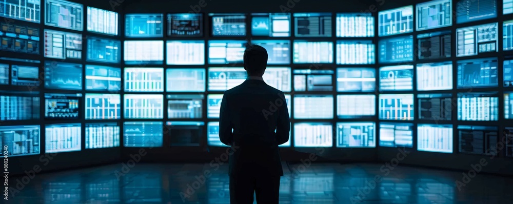 Poster the silhouette of a logistics manager stands before a wall of digital screens displaying automated p