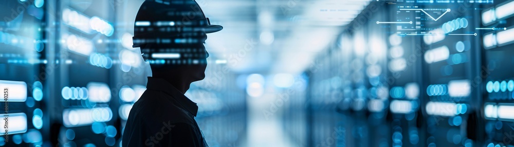 Poster a logistics manager's silhouette is seen against a backdrop of robotic systems and digital data, sho