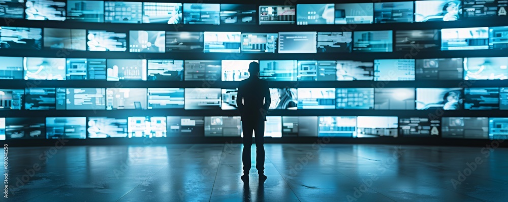 Poster the silhouette of a logistics manager stands before a wall of digital screens displaying automated p