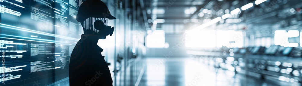 Poster a logistics manager's silhouette is seen against a backdrop of robotic systems and digital data, sho