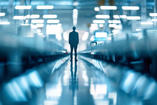 The silhouette of a manager is highlighted by a futuristic warehouse setting with automated machinery and digital interfaces, emphasizing technological advancements. The image provides ample