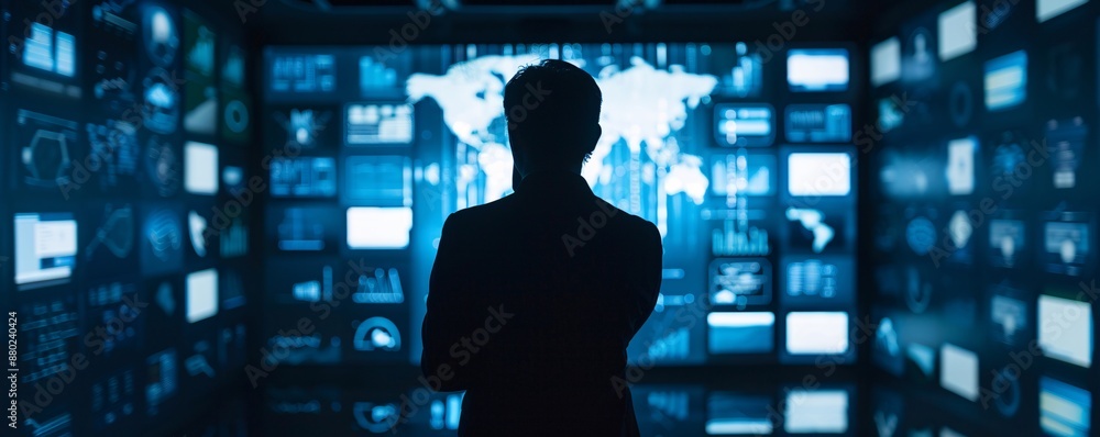 Poster a logistics manager s silhouette is set against a backdrop of interconnected digital devices and rob