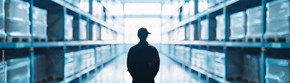 Poster the silhouette of a manager is positioned within a high-tech warehouse, emphasizing the impact of au
