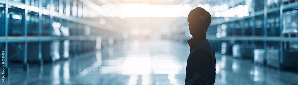 Poster the silhouette of a manager is positioned within a high-tech warehouse, emphasizing the impact of au