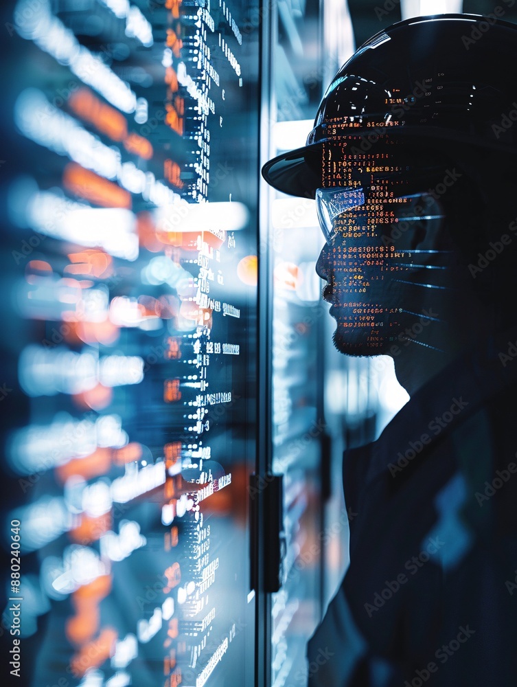 Poster the silhouette of a logistics manager stands out against a backdrop of digital data streams and auto