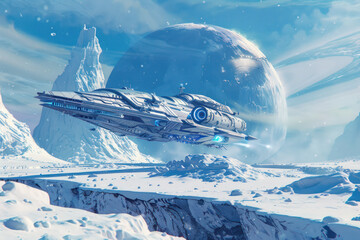 A spaceship landing on an icy planet