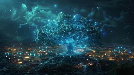 An advanced digital ecosystem featuring a tree made entirely of interconnected light nodes