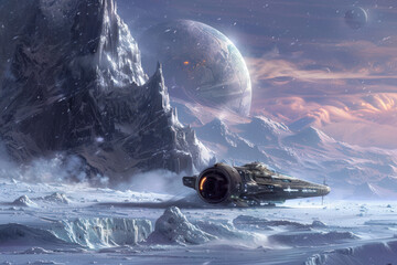 A spaceship landing on an icy planet