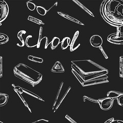 Back to School, hand drawn school supplies seamless pattern. Doodle lettering and school object collection. Education Concept. Chalkboard background. Back to School
