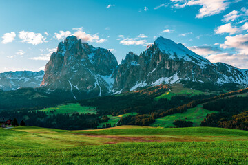 Panoramic view of the Langkofel Group from Seiser Alm in the Dolomites in South Tyrol, Italy.