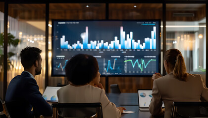 Obraz premium Business Professionals Analyzing Data on a Large Screen