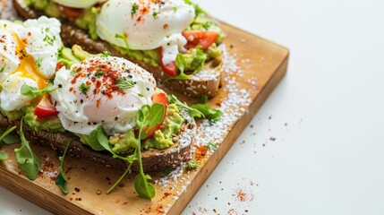 Avocado toast with poached eggs, on a wooden board, clear white background with plenty of copy...