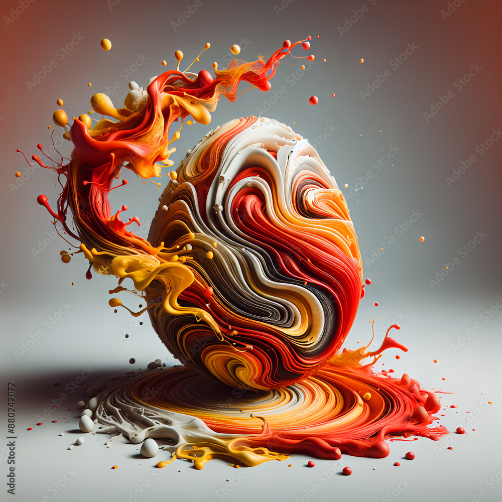 Fototapete 3d rendering of a colorful abstract egg-shaped object with a fluid-like surface and splashes of pain