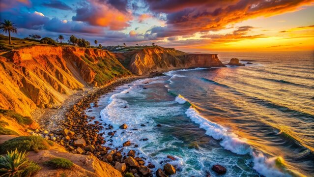 Golden hour illuminates rugged coastline of Palos Verdes, California, with dramatic rocks, crashing waves, and vibrant orange pink sunset hues.