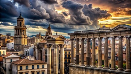 Obraz premium Ancient stone columns and ornate facades of centuries-old buildings stand majestically against a cloudy, monochromatic urban skyline backdrop.