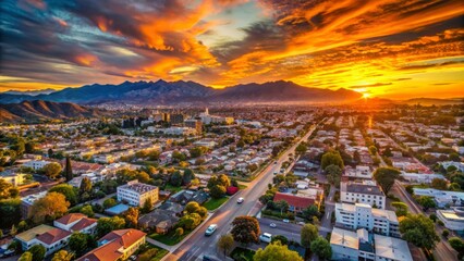 Naklejka premium Vibrant orange sunset aerial view of Mar Vista neighborhood with sprawling cityscape and majestic Santa Monica mountains backdrop.