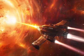 A spaceship flying over a cosmic event horizon