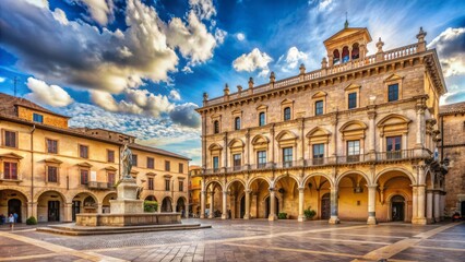Ancient historic ornate Renaissance-inspired architecture of grand imposing stone building with ornate details in sunny Italy's picturesque piazza scene.
