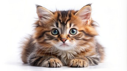 Adorable ball of fluffy fur with bright curious eyes and twitching whiskers, playful kitten isolated on a pure white background.