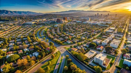 Fototapeta premium Breathtaking sunlit aerial panorama of urban Culver City landscape showcasing affluent neighborhoods, lush parks, and meandering roads in LA County.