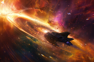 A spaceship flying over a cosmic event horizon
