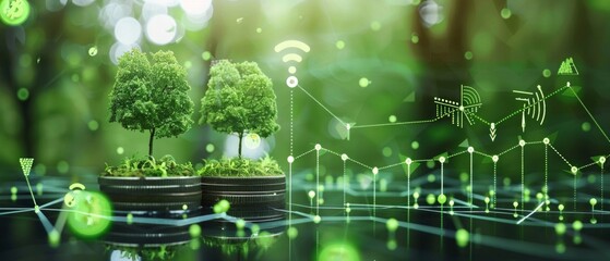 Green energy, eco energy concept. Trees growing on coin stacks symbolize green investments. A graph with renewable energy icons shows growth 