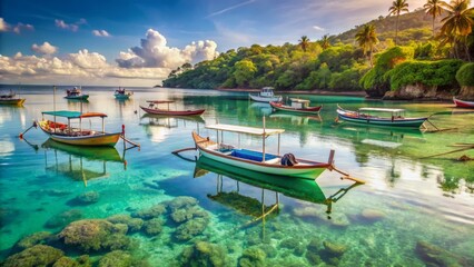 Obraz premium Serene tropical morning scenery of traditional wooden vessels anchored in calm turquoise waters of Bali's picturesque coastal bay.