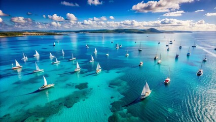 Serenene aerial landscape of vibrant blue ocean filled with various sized sailboats and yachts scattered across the horizon peacefully.