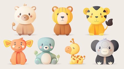 Fototapeta premium Cute animal characters with simple, rounded features, ideal for children's products.