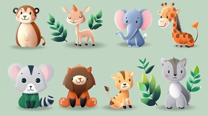 Cute animal characters with simple, rounded features, ideal for children's products.