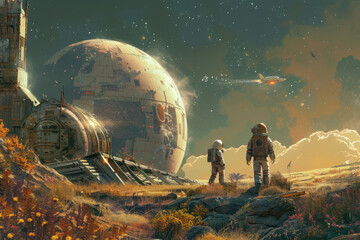 Space travelers discovering a new world 