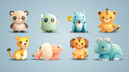 Naklejka premium Cute animal characters with simple, rounded features, ideal for children's products.