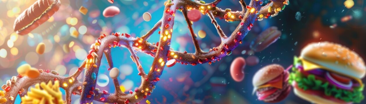 DNA strand with fast-food icons embedded, representing the connection between FTO gene and obesity, vibrant and dynamic, Digital art