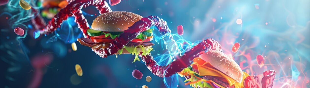DNA strand with fast-food icons embedded, representing the connection between FTO gene and obesity, vibrant and dynamic, Digital art