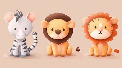 Cute animal characters with simple, rounded features, ideal for children's products.