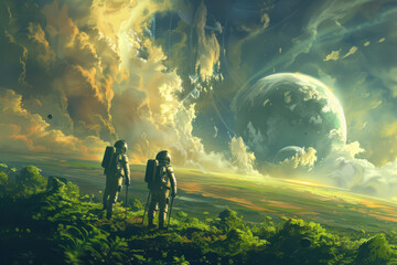 Space travelers discovering a new world 