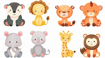 Cute animal characters with simple, rounded features, ideal for children's products.