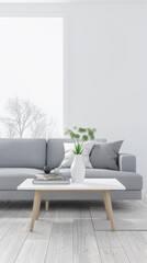 Minimalist interiors with a large window, a couch, a coffee table and minimal decor. Residential Real Estate composition in plain colors with copy space.