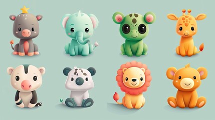 Naklejka premium Cute animal characters with simple, rounded features, ideal for children's products.