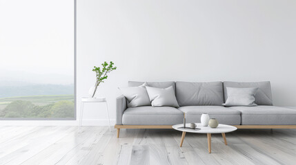Minimalist interiors with a large window, a couch, a coffee table and minimal decor. Residential Real Estate composition in plain colors with copy space.