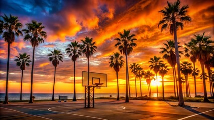 Vibrant orange sky silhouettes swaying palms and basketball hoops at a deserted coastal recreational area during a stunning coastal sunset.