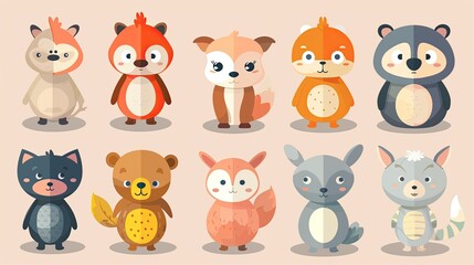 Fototapeta premium Cute animal characters with simple, rounded features, ideal for children's products.