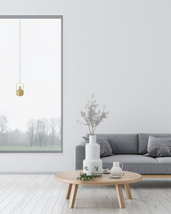 Minimalist interiors with a large window, a couch, a coffee table and minimal decor. Residential Real Estate composition in plain colors with copy space.
