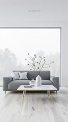Minimalist interiors with a large window, a couch, a coffee table and minimal decor. Residential Real Estate composition in plain colors with copy space.