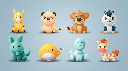 Obraz premium Cute animal characters with simple, rounded features, ideal for children's products.