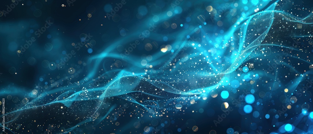 Poster futuristic digital backdrop with flowing data streams, neural networks, and security icons, deep blu
