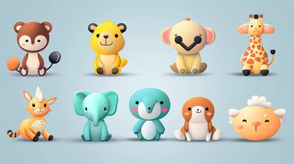 Cute animal characters with simple, rounded features, ideal for children's products.